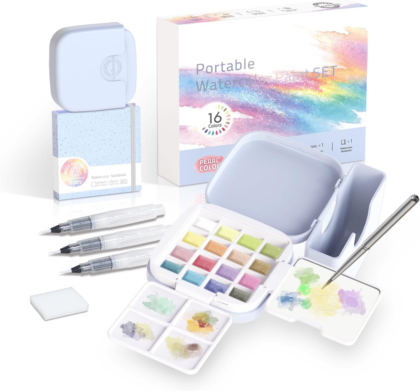 Mini Watercolor Paint Set - Compact Travel Art Kit with 16 Colors,Detail Paint Brush, Palette & Watercolor Sketchbook - Pocket Travel Watercolor Set, Painting Sets, Art Supplies - Macaron Colors Gift Set