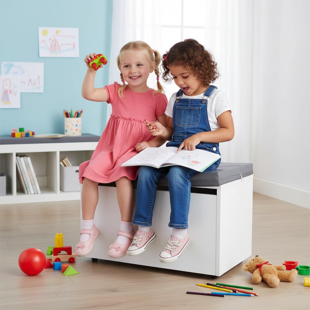 leomark Blanco Caja de madera banco XXL con almacenamiento para juguetes con Asiento, Baúl de juguetes sobre ruedas + Almohada - Cojín, Dim: 71 cm x 40 cm x 45 cm/WxDxH/