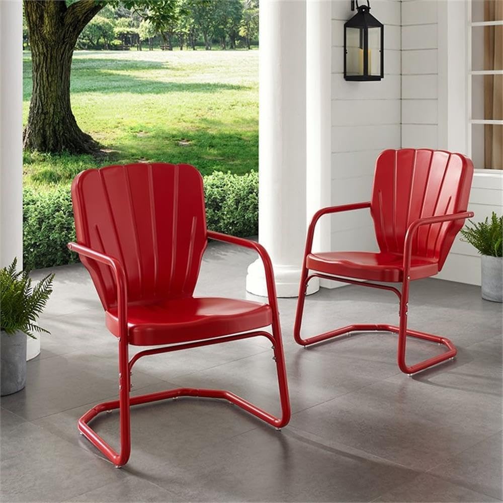 Pemberly Row Steel Metal Outdoor Chairs, Bright Red Gloss Finish, Set of 2, Retro Clamshell Design, Weatherproof, UV Resistant Patio Furniture for Balcony, Porch, or Small Outdoor Spaces
