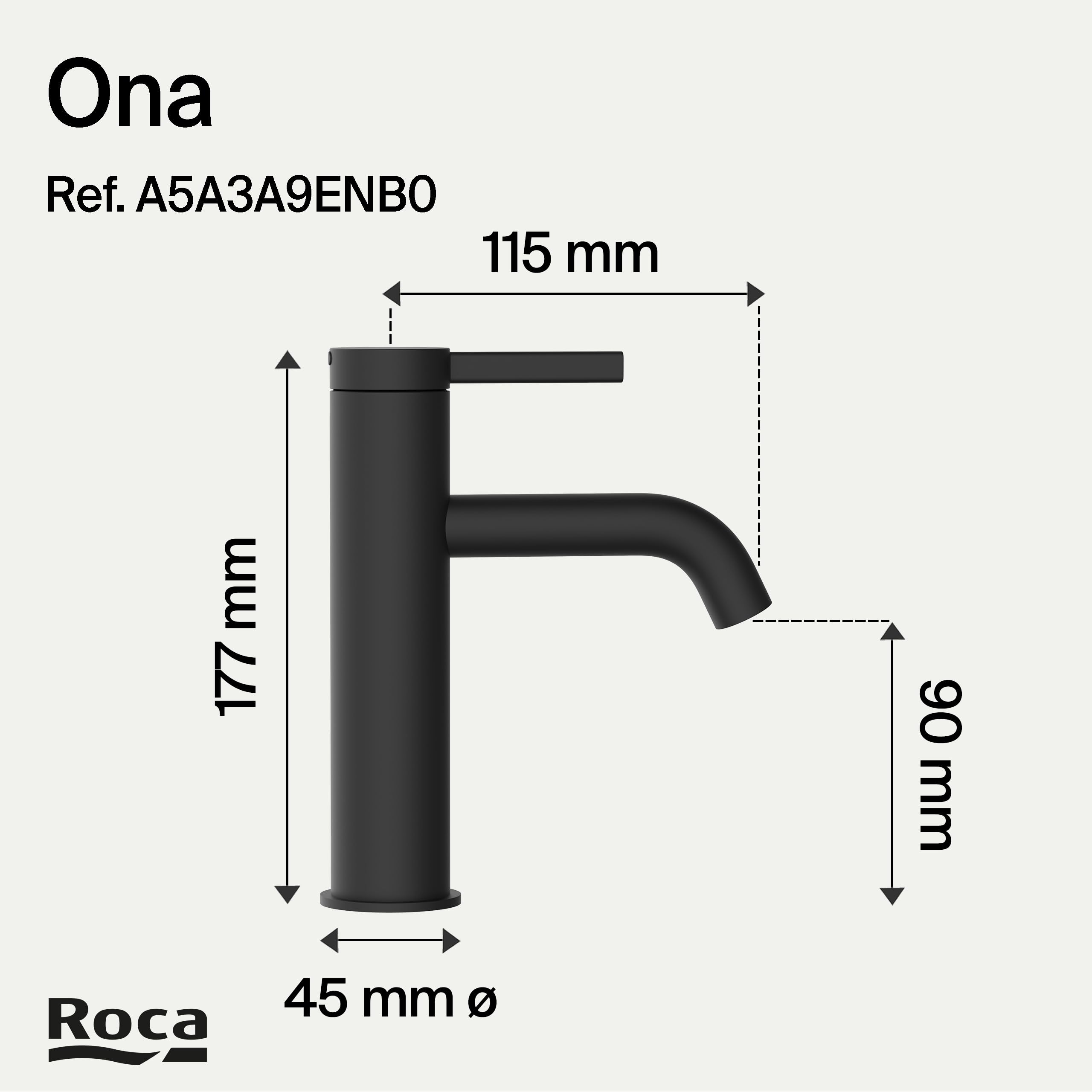 Roca Ona Grifería para lavabo con tecnología Cold Start, grifo monomando con enlaces de alimentación flexibles de fácil instalación, mezclador de baño con desagüe click-clack, negro mate, A5A3A9ENB0