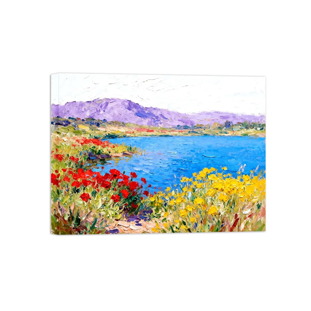 OZPWBVY Lake Flowers Landscape Canvas Wall Art Picture 60x80cm Framed