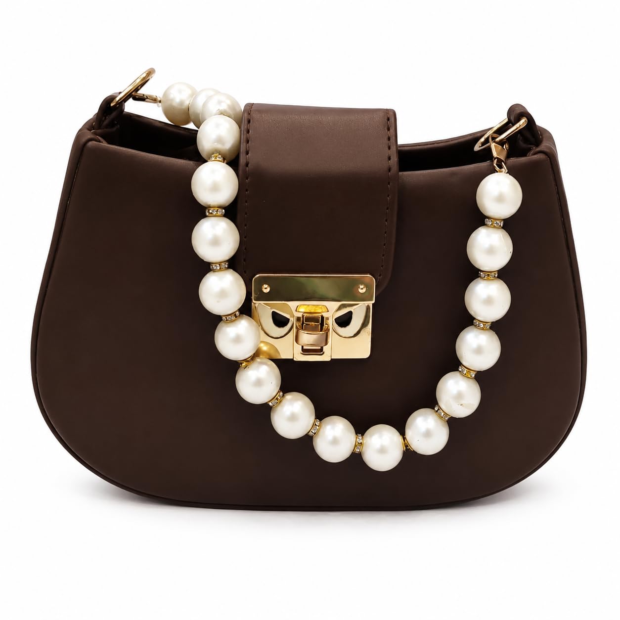 Brown Faux Leather Sling Bag with Pearl Handle & Gold-Tone Lock-image-13