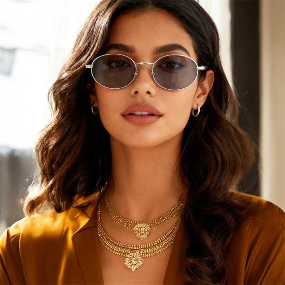 Occhiali da sole retrò da donna, lenti ovali piccole in metallo, protezione UV, occhiali da sole da uomo Y2K