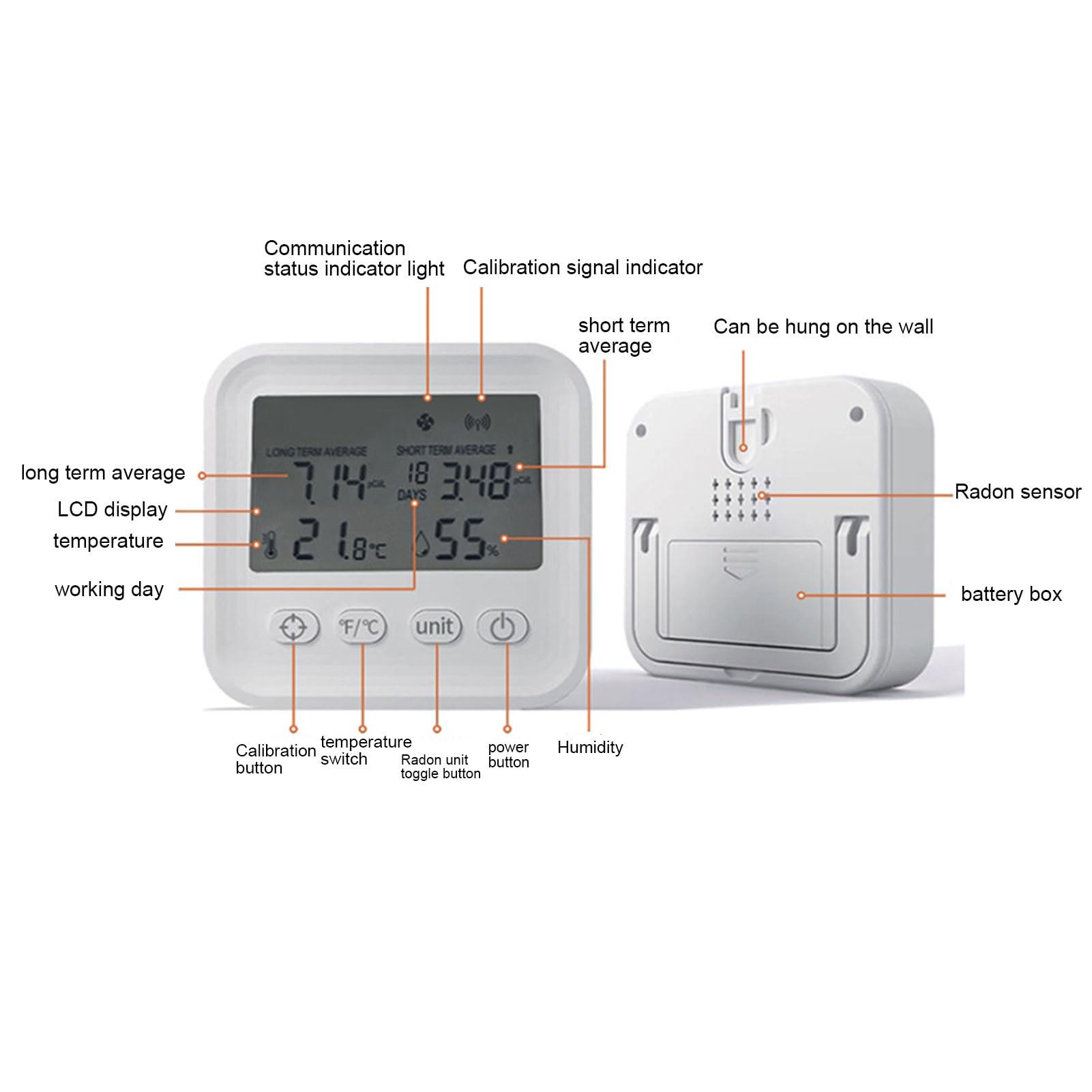 Akozon Detector de Radón Portátil Monitoreo Rápido y Preciso para el Sótano del Hogar con Temperatura Promedio a Largo Plazo Humedad Kit de Prueba 4 en 1 Instalaciones Médicas