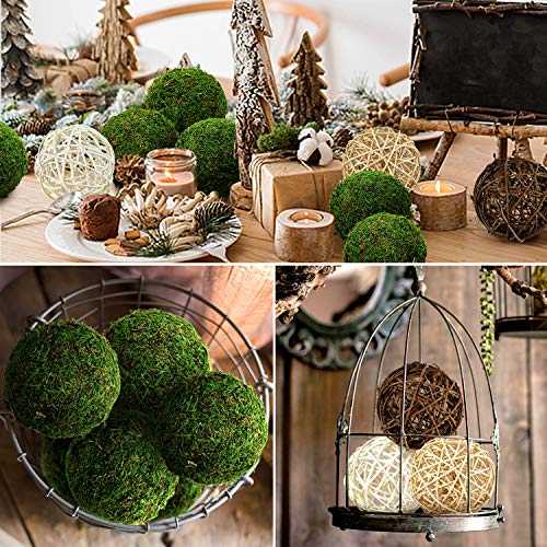 Natural Green Moss Decorative Ball And Assorted Rattan Wicker Balls 3.5" Set Of 9, Hanging Balls With Handmade, Hanging Balls Vase Bowl Filler, Christmas Tree Garden Weddings Home Party Decor #TOP6