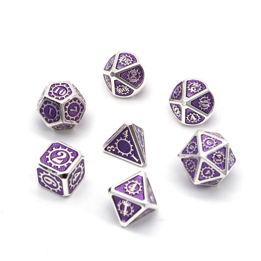 Fasizi 7PCS Metal Polyhedral Dice Set with Black Storage Bag for Role Playing Game Dungeons and Dragons D&D Math Teaching(Gear silver and Purple)