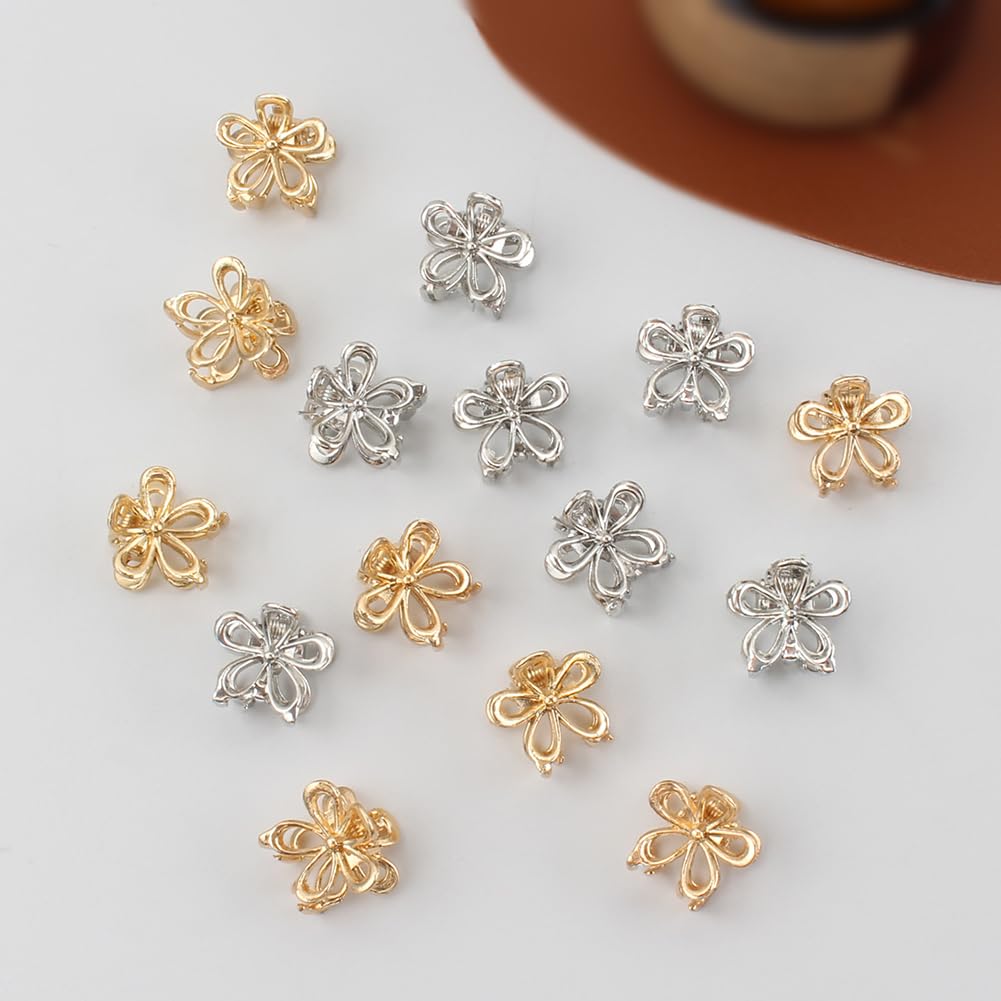 12 Pcs Small Flower Hair Claw Clips Mini Metal Hair Claws Clamps Cute Floral Hair Barrettes Hollow Flower Hair Clips Grips Fine Hair Jaw Clips Non Slip Hair Claw Clips for Women Girls Silver - Image 2