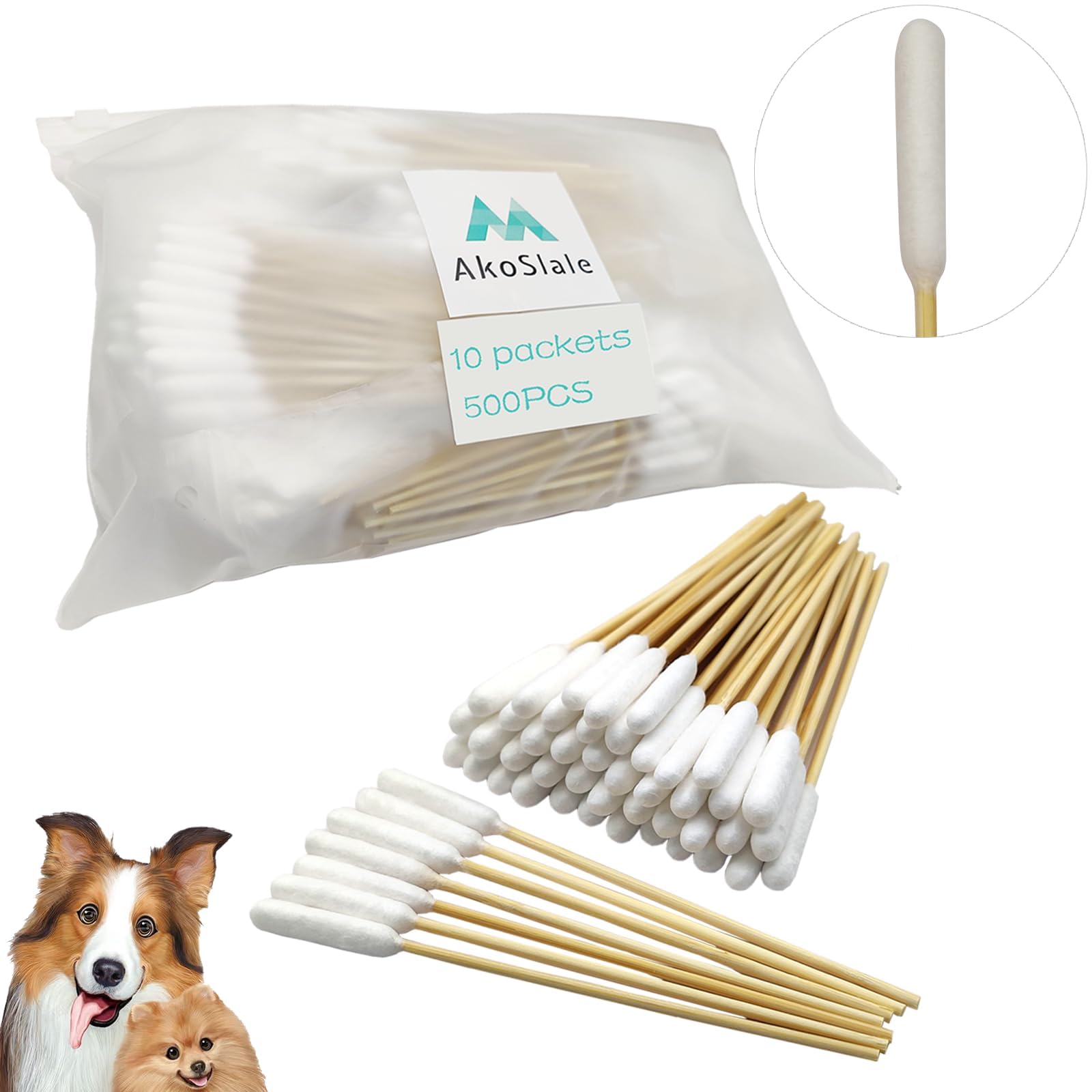 AkoSlale Long Cotton Swabs for Dog Ear Cleaning, 500pcs, 4.7 Inch Biodegradable Cotton Tips, Pet Ear Care & Wound Treatment, Eco-Friendly Dog Ear Swabs