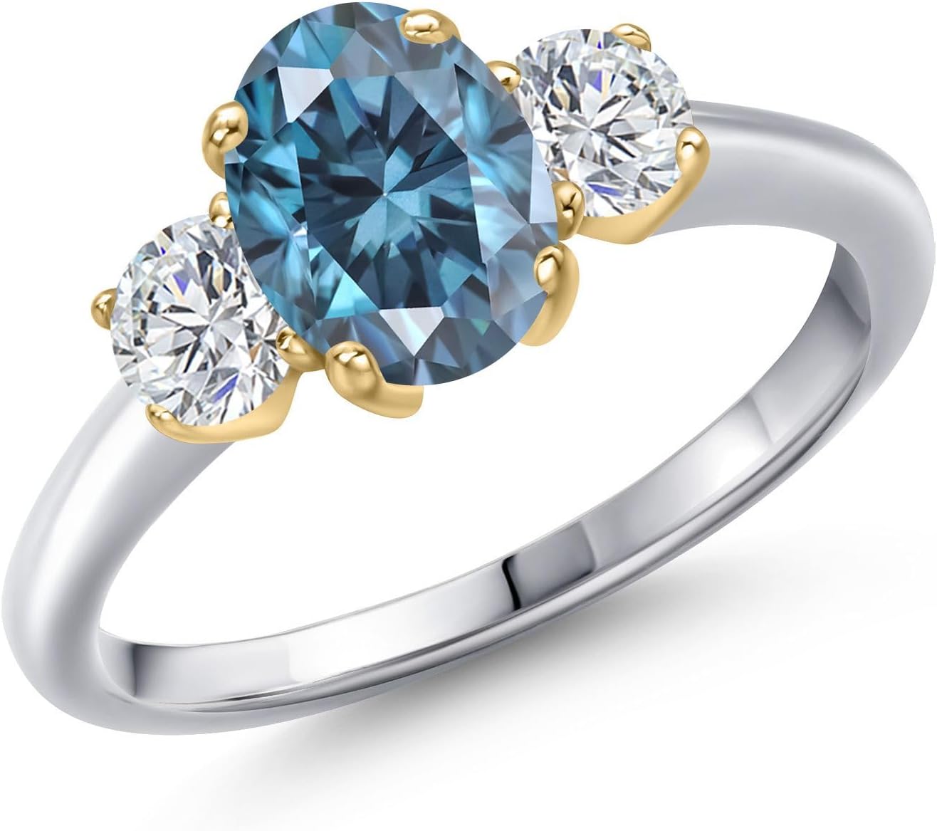 Gem Stone King 925 Silver and 10K Yellow Gold Persian Blue Moissanite and Lab Grown Diamond Engagement Ring For Women | 1.92 Cttw | Oval 8X6MM | Gemstone Birthstone