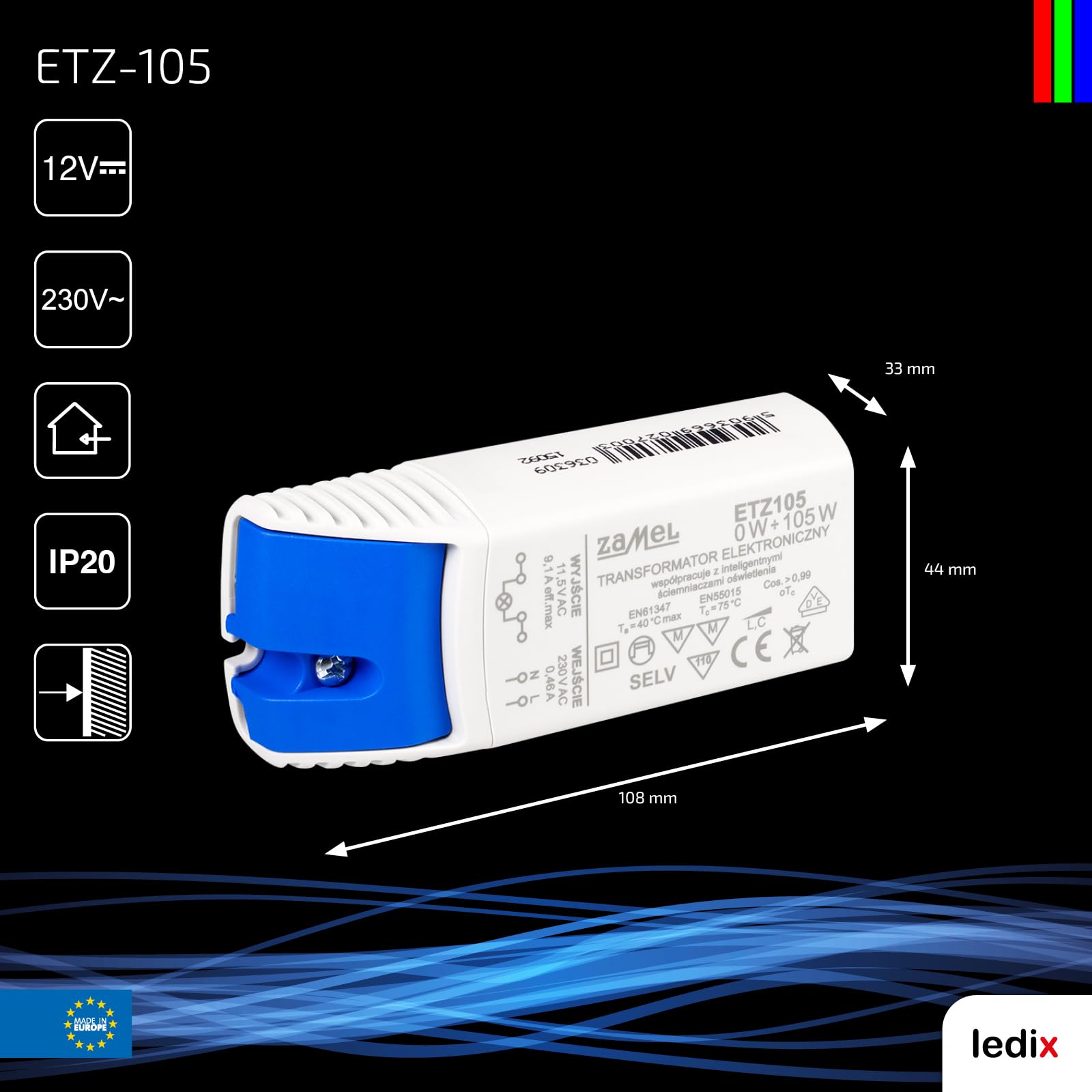 Transformador Electrónico 12 V 105 W, 1 Pieza, ETZ de 105