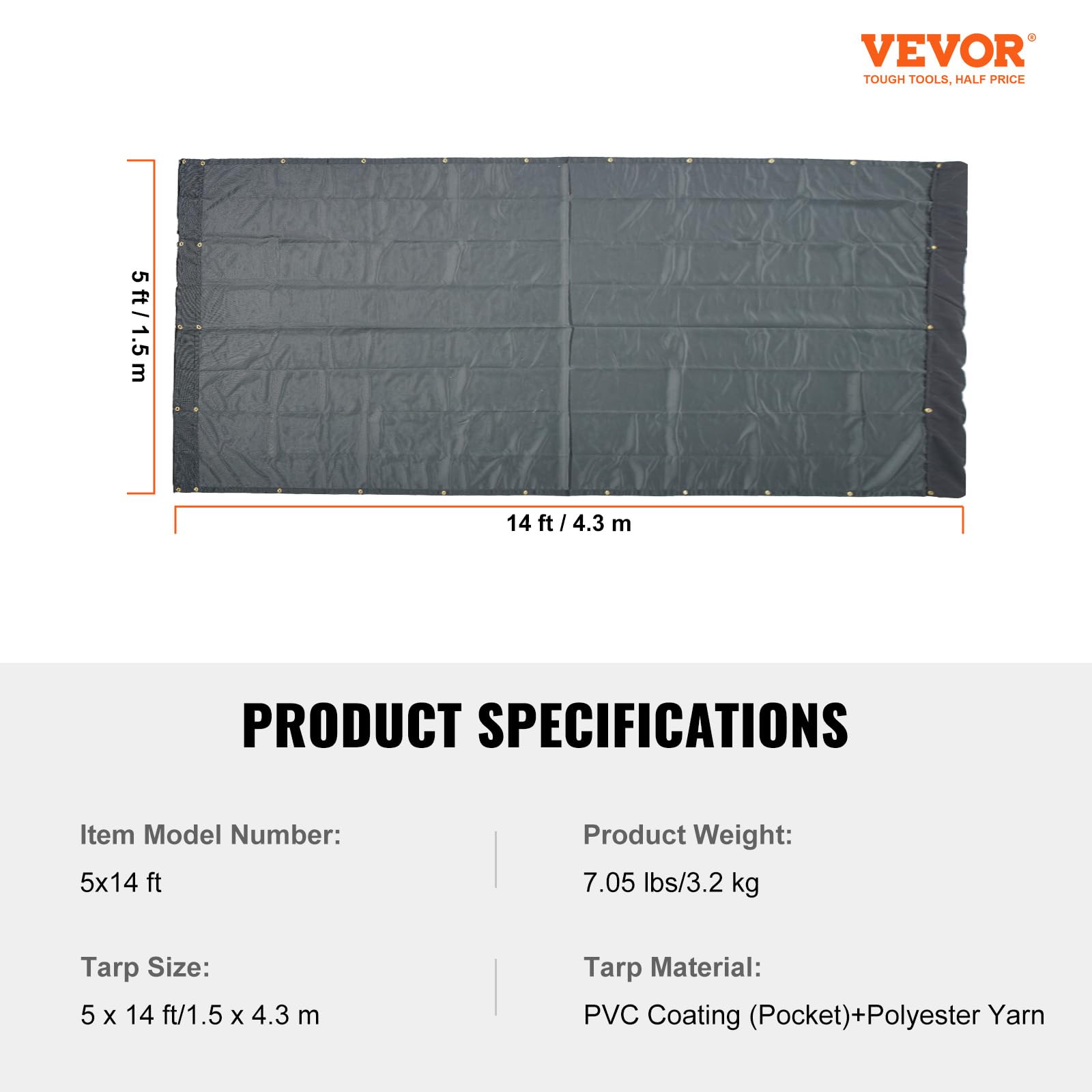 VEVOR Lona de Malla para Camión Volquete 1,5x4,3 m Revestimiento de PVC Negro con Doble Bolsillo Ojales de Latón, Correa Reforzada con Doble Costura para Sistema de Camión Volquete Manual o Eléctrico