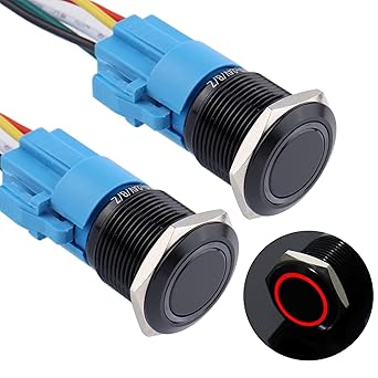 DMWD 2PCS 19MM Latching Push Button Switch Ring Led 12V-24V Self Locking 1NO 1NC Waterproof ON/Off Black Metal Shell Button with Wire Socket Plug for 3/4 Mounting Hole(IP66,Red Light)