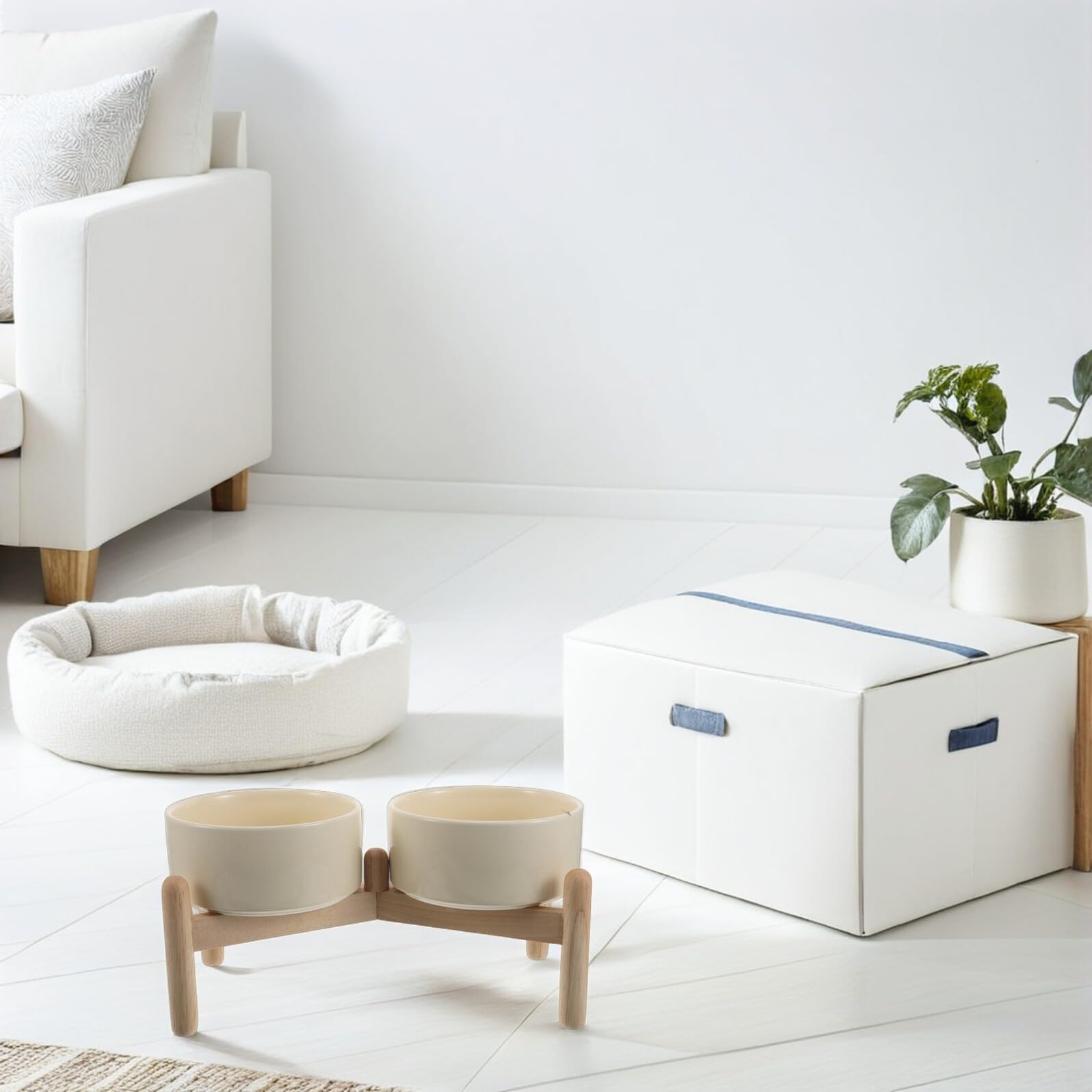 Comedero Doble Elevado para Perros y Gatos con Soporte de Madera Antideslizante, Cuencos de Cerámica Beige de 15,5 CM y 850 Ml, Adecuado para Mascotas Pequeñas y Alimentación