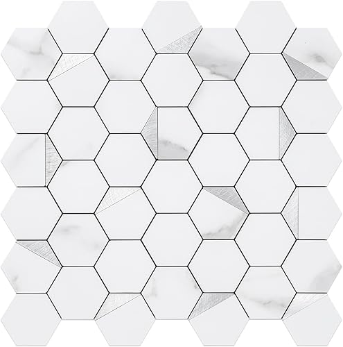 DICOFUN Azulejos hexagonales de 10 hojas para despegar y pegar, aspecto de mármol blanco, azulejos de mosaico de metal plateado mezclado con PVC
