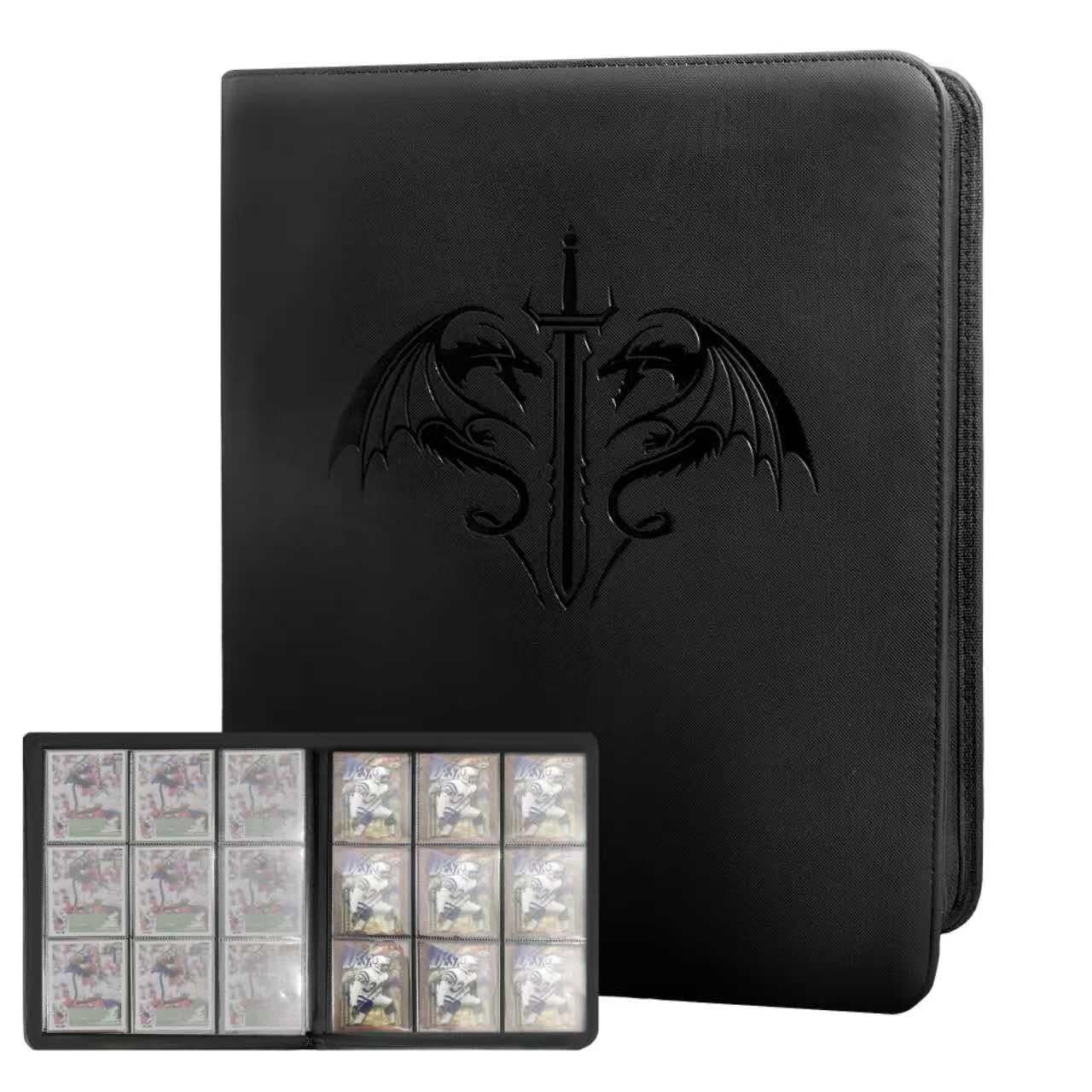 Trading Card Binder 9 pocket,hold 360 cards,Card album book, Football cards,Baseball card,TCG CCG card, compatible card, collector album display storage and exquisite dragon printing (black)
