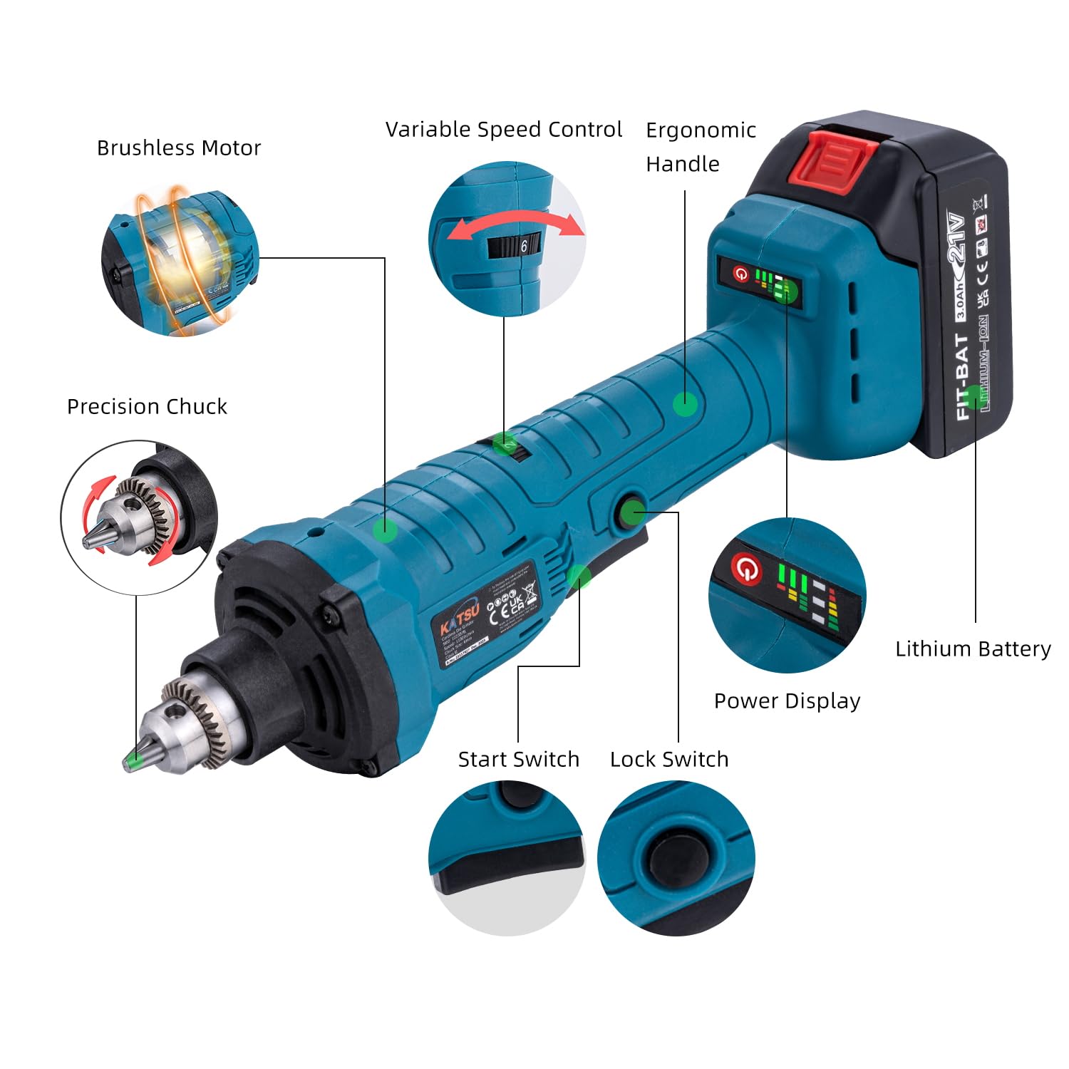 KATSU FIT-BAT 21V Meuleuse Droite sans Fil Brushless Moteur sans Balais avec 3,0 Ah Batterie et Chargeur, Mandrin de 6 mm et 6 Vitesses Variables, dans la Boîte