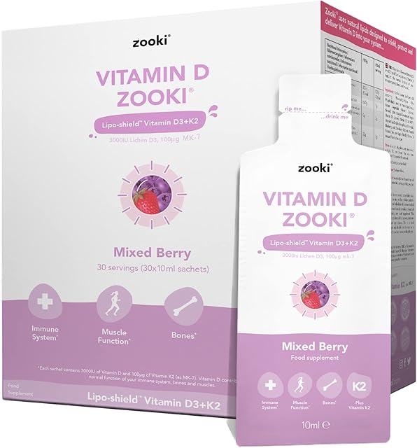 YourZooki - Vitamin D3 + K2 Liquid Sachets - Vegan Friendly D3, Natural Ingredients - Immune System, Muscle Function, Bones- (Mixed Berry, Box of 30)