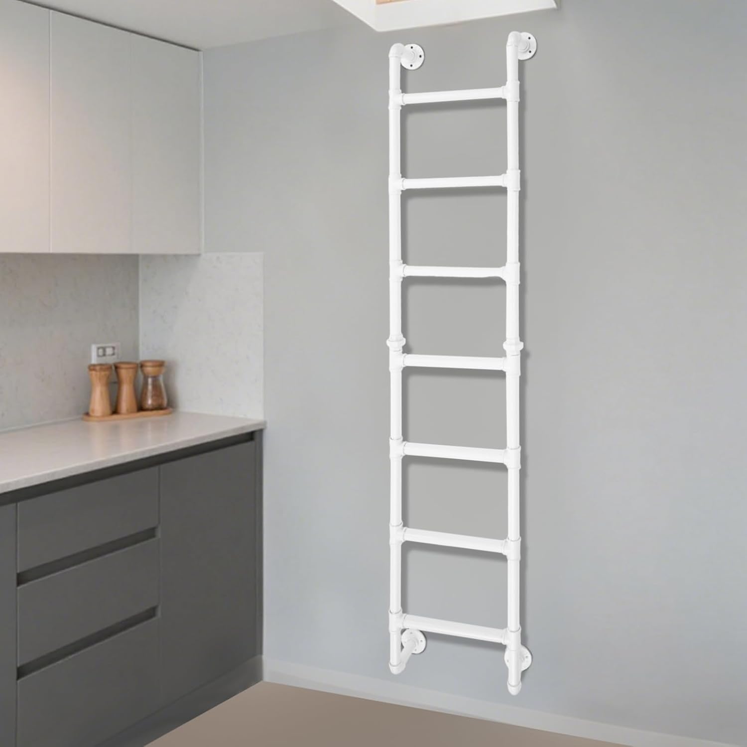 7FT Wall Mounted Step Ladder, Basement Window Well Egres Ladder 330lbs Capacity, Wrought Iron Pipe Frame Outdoor Climbing Industrial Step, Fire Emergency Escape Ladder for Attic Dorm RV Deck (White)