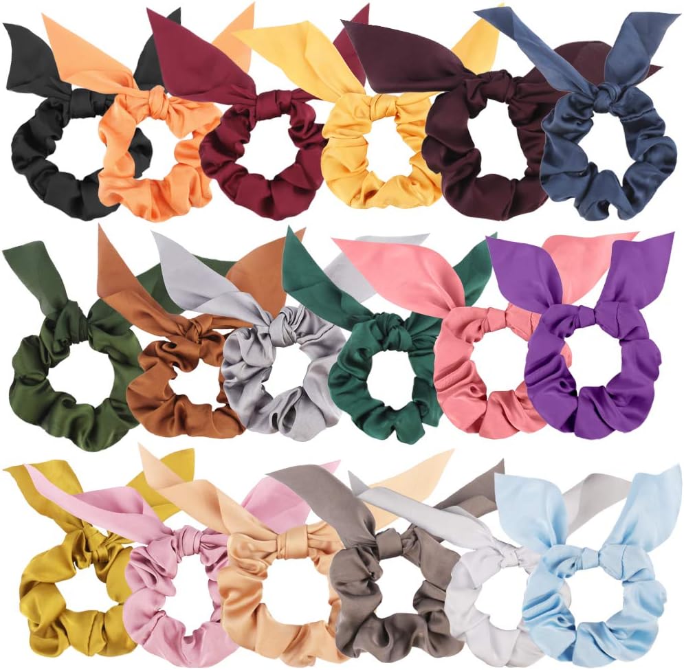 Chiffon Silk Scrunchies Set, 18 Pcs Solid Color Bow Ponytail Holders, Rabbit Ear Bowknot Hair Accessories for Women and Girls