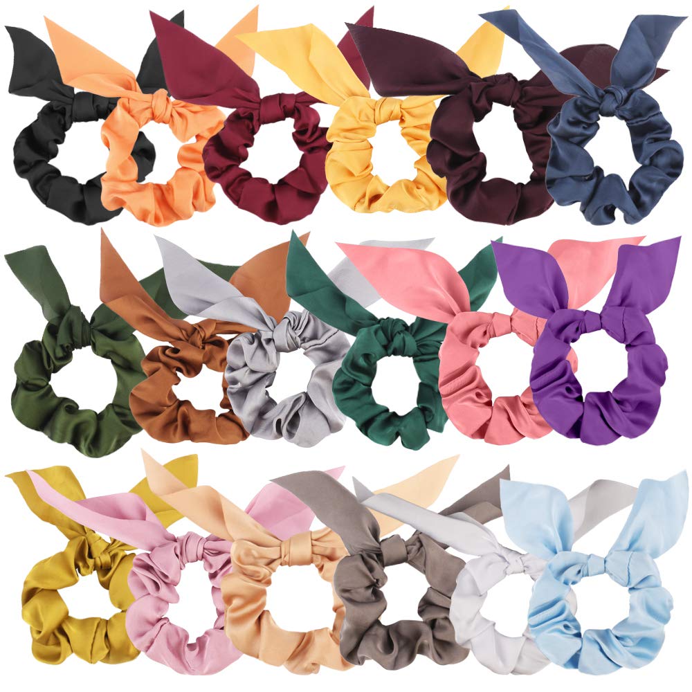 Chiffon Silk Scrunchies Set, 18 Pcs Solid Color Bow Ponytail Holders, Rabbit Ear Bowknot Hair Accessories for Women and Girls