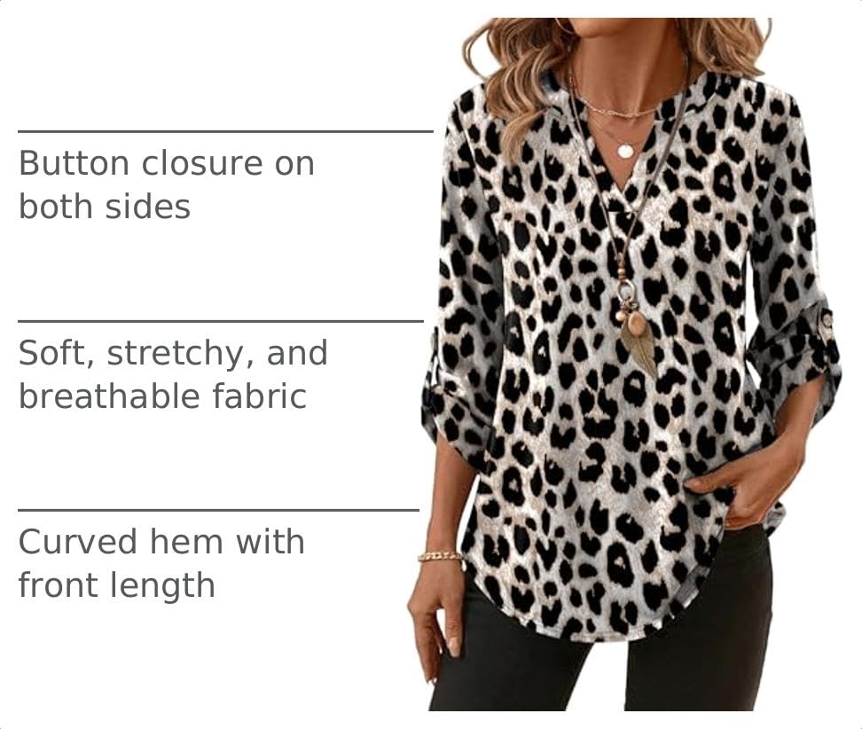 Image of XIEERDUO 3 /4 Length Sleeve Womens Tops V Neck T Shirts Both Side Buttons Blouses Business Casual Outfits Loose Fit
