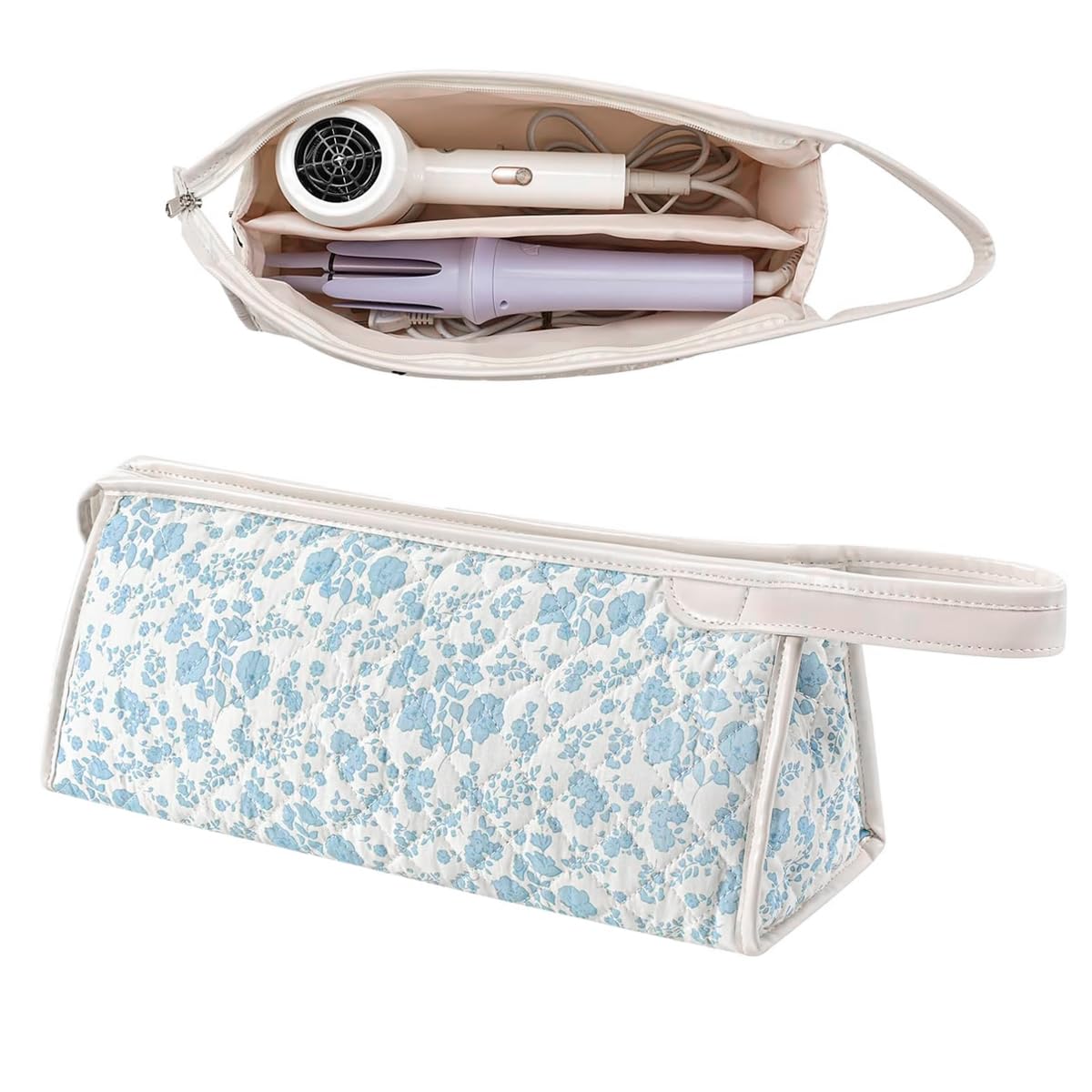 MAYCREATE® Cotton Quilted Hair Dryer Storage Bag, Floral Travel Organizer for Hair Styling Tools with Padded Protection, Zipper Case with Dividers for Dryer, Curling Iron and Accessories, 34×13×14cm-picture-30