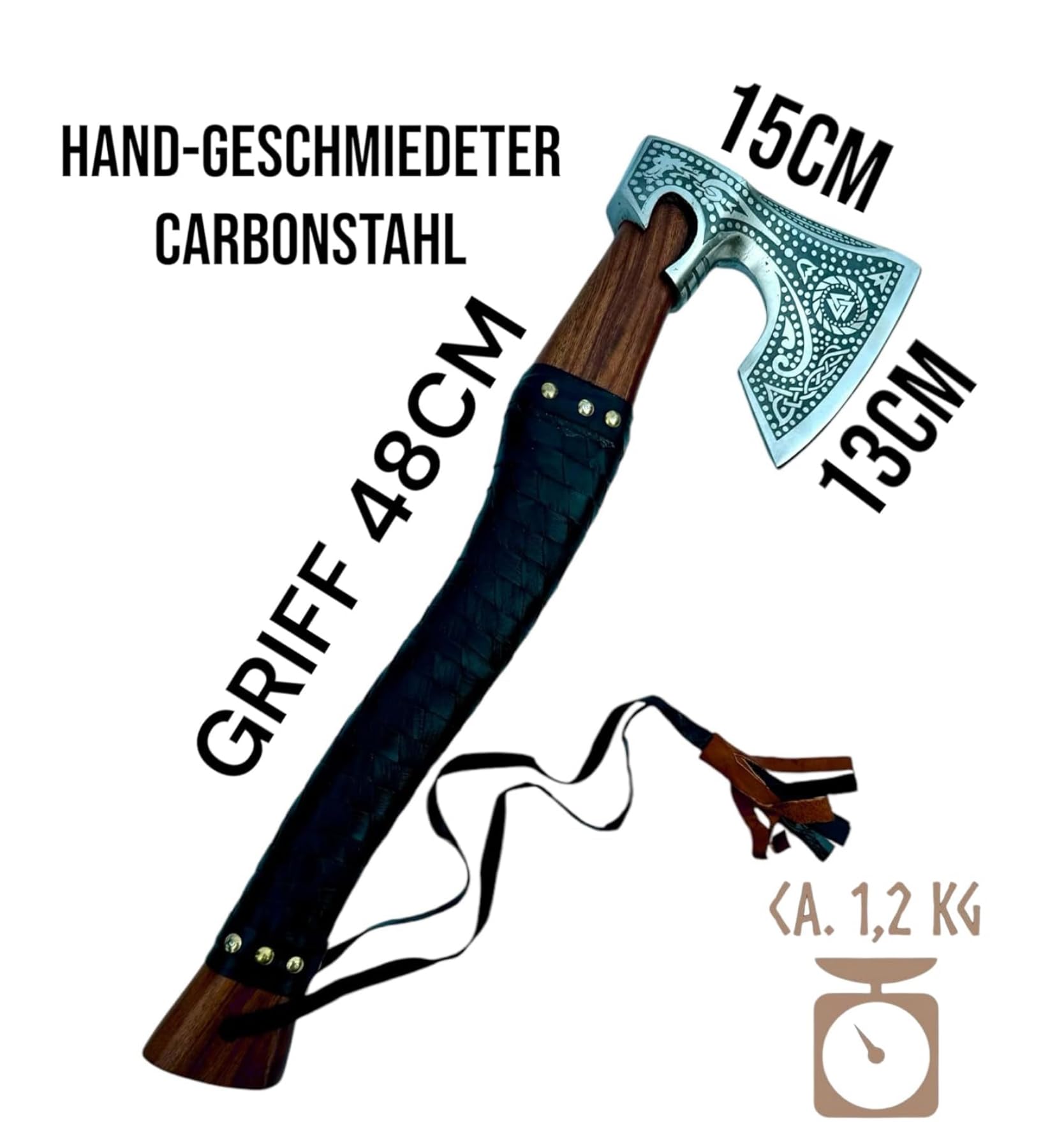 HACHE DE VIKING DÉCORATION LARP, CADEAU POUR LES FANS DE VIKING, Étui de transport, revêtement antiadhésif, lame en acier de haute qualité - manche en bois, longueur : 52 cm, 1 kg Cadeau d'anniversair