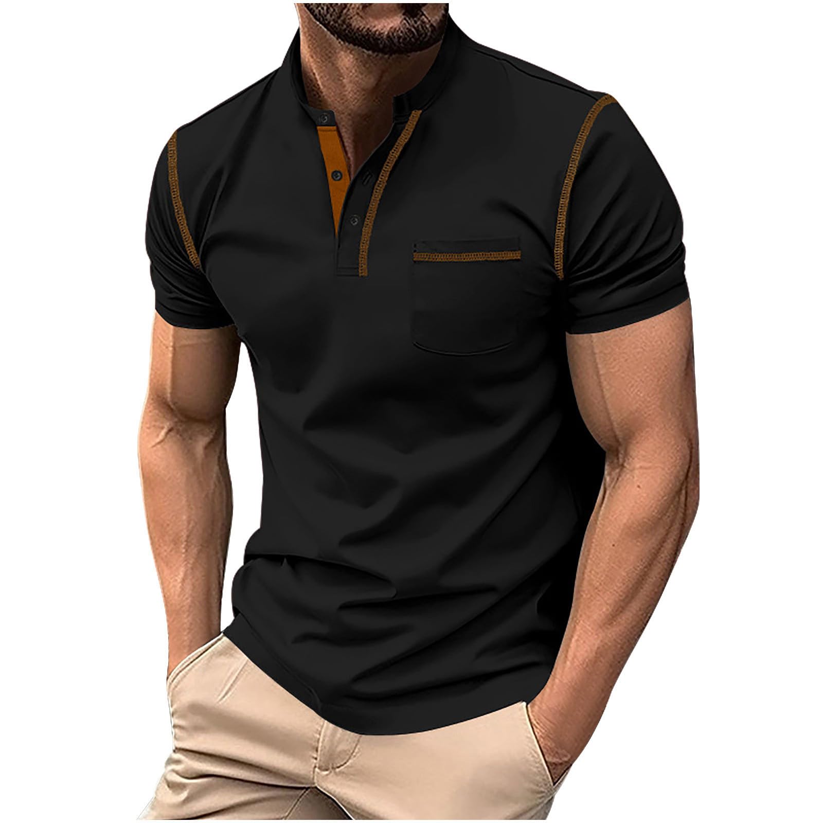 pnroktd - playera tipo polo para hombre, estilo Henley de moda, para entrenamiento, gimnasio, manga corta, para verano, golf, deportes, ajuste regular, Negro -, 3X-Large
