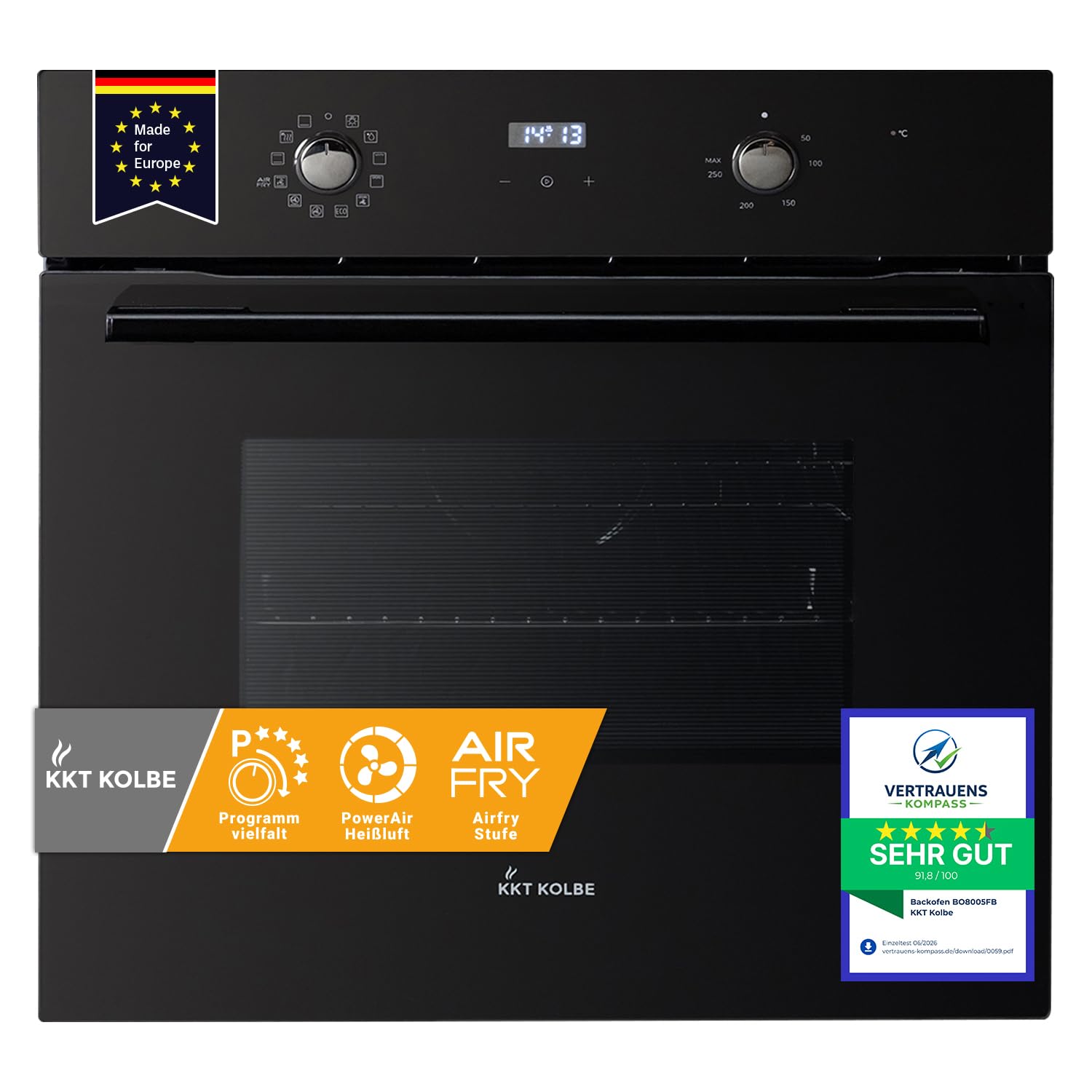KKT KOLBE BO8005FB Horno empotrado 60cm | Diseño Full Black | independiente | 70L | 3kW | aire caliente | temporizador automático | vidrio aislante | seguridad infantil | perillas giratorias |