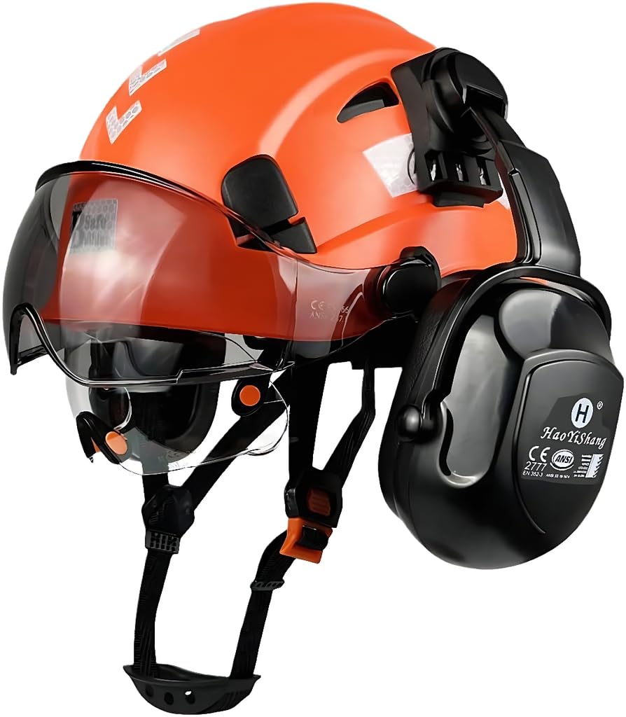 HaoYiShang Industrial Safety Helmet with Visor Ear defenders Muffs Hard Hat helmets with Visor Vented OSHA Approved Hardhats hard hats construction Work Head Protection Certified orange hardhat