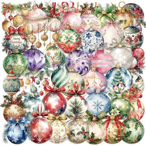 50 Pieces Christmas Themed Transparent Stickers for Scrapbooking Ornament Ball Self-Adhesive Scrapbooking Stickers Supplies Journal Stuffers for Adult Card Making Letters DIY