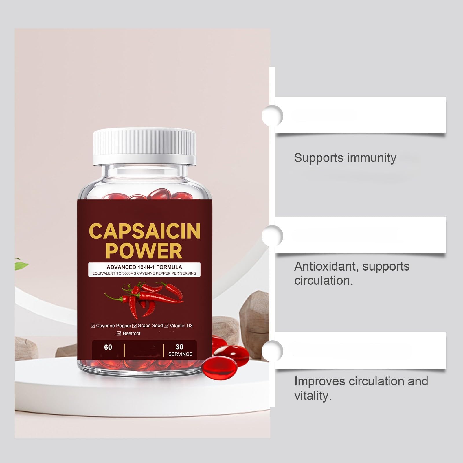 Ekstrakt z kapsaicyny 60count | Pieprz cayenne, wspomaga trawienie i krążenie, z witaminą D3+K2, bez GMO i bez glutenu