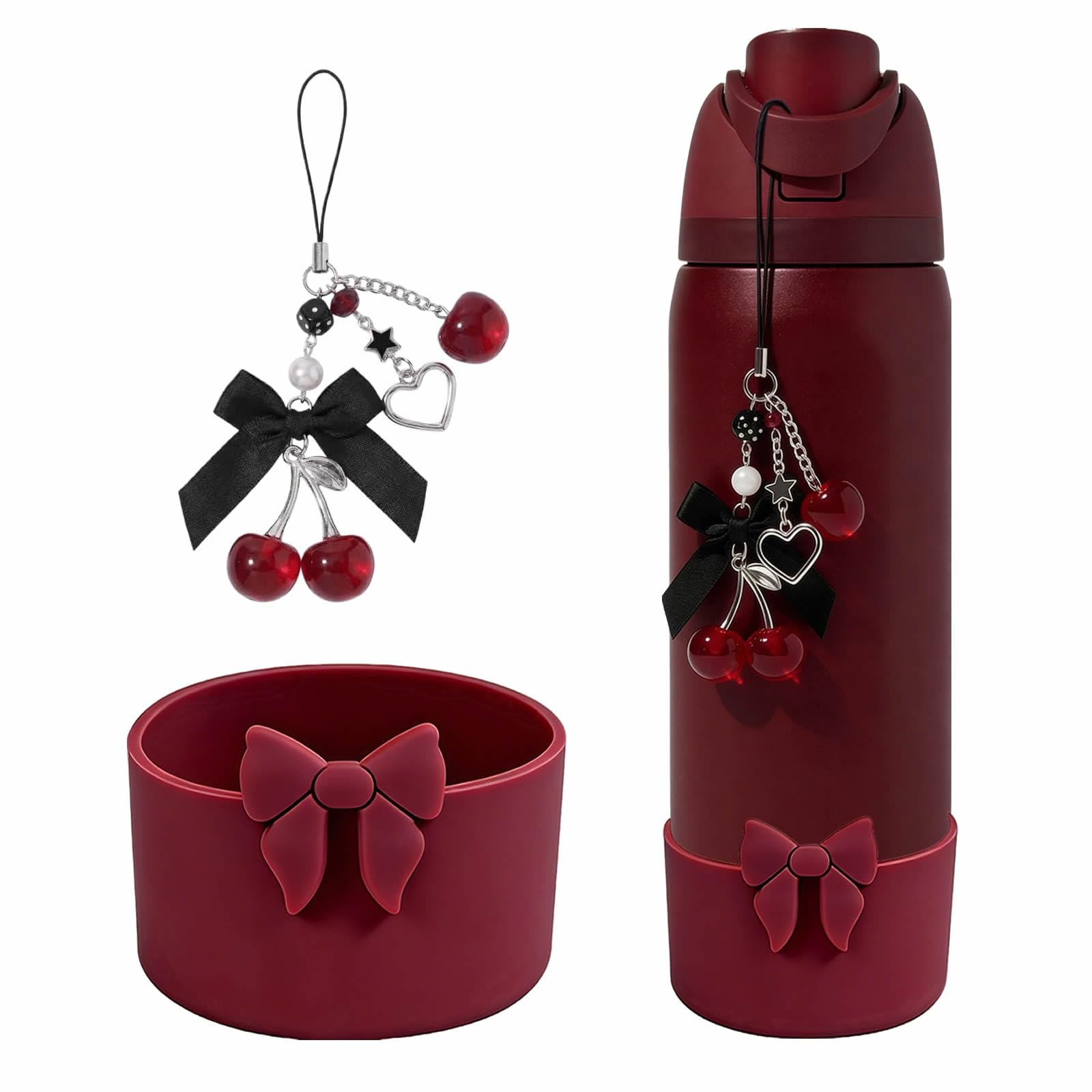 Black Cherry Charm & Silicone Boot for Owala 24/30/32/40 oz Accessories Set