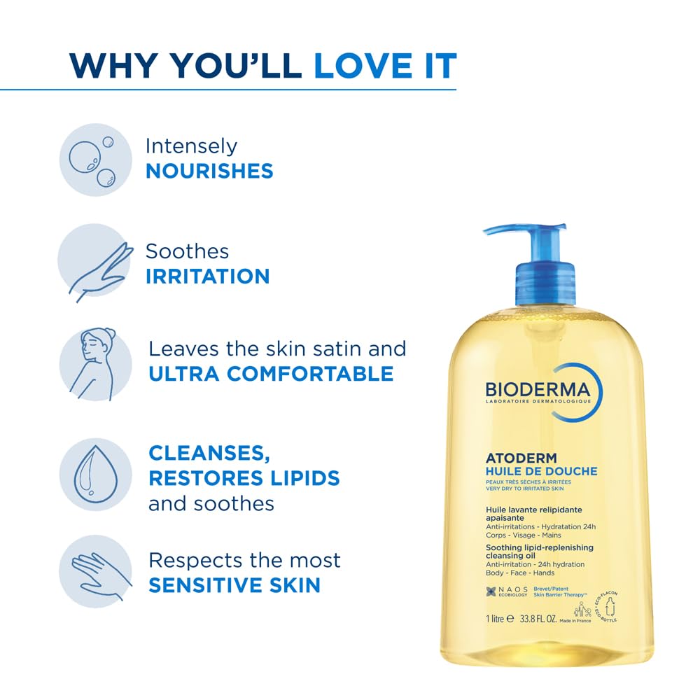 Bioderma Atoderm Huile de douche Anti-iritation Cleaning Oil | 24hrs Hydration | Face and Body Moisturizer | Soothes Discomfort - Dry to Very Dry Sensitive Skin - 1 Ltr 4