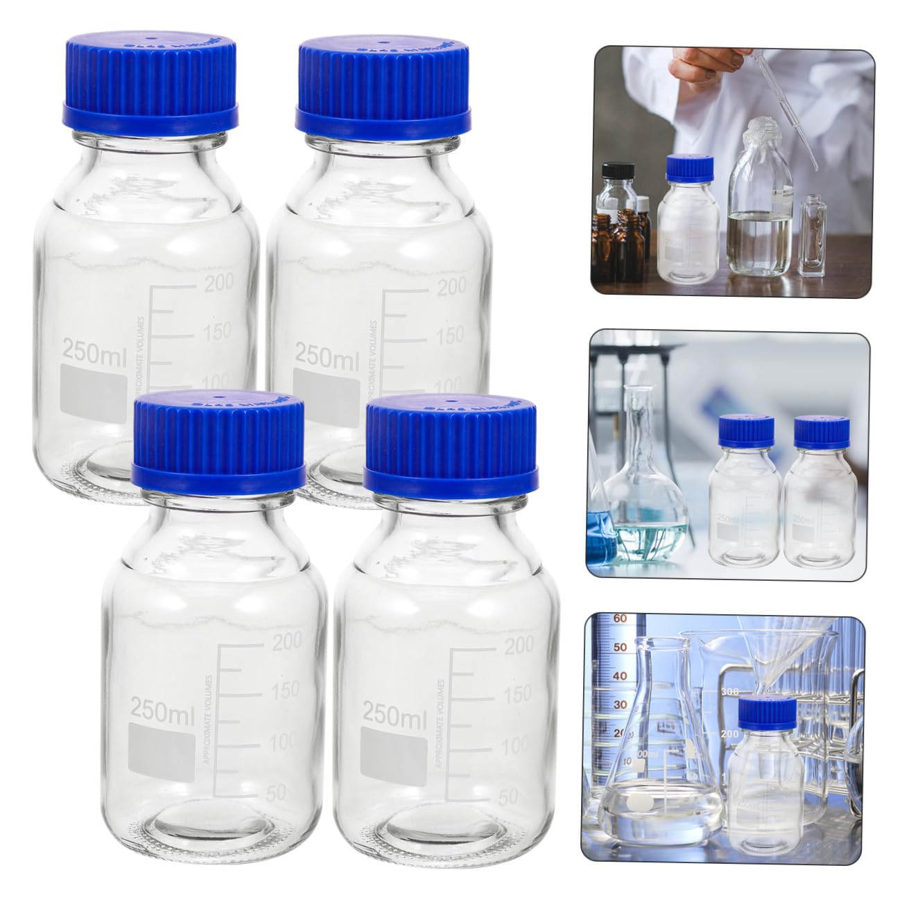 LIFKOME Set 4 Pezzi Bottiglie Reagente in Vetro Graduato da 250ml con Tappi a Vite Blu, Multiuso per Laboratori e Applicazioni Didattiche