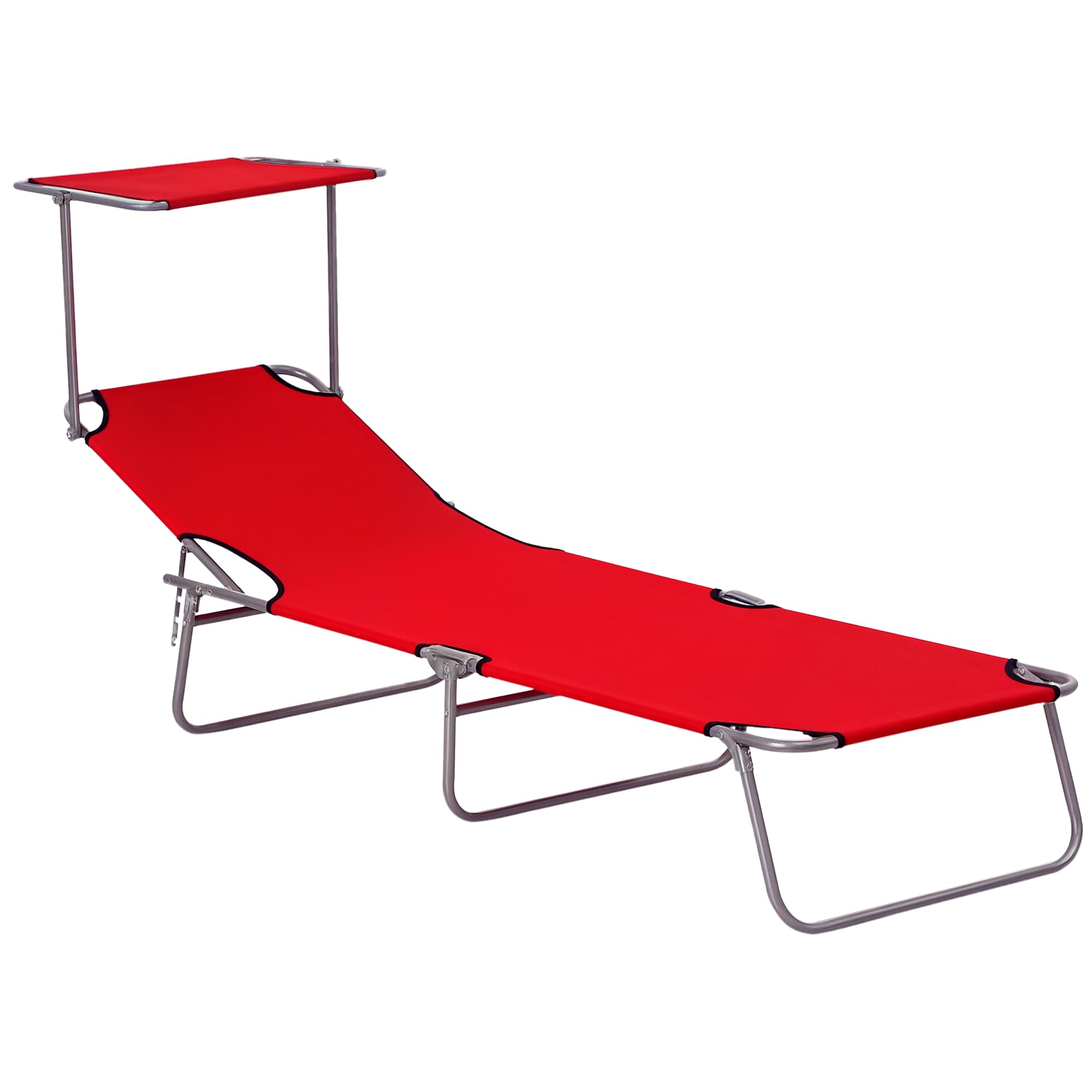 Outsunny Folding Sun Lounger with Canopy, Reclining Sunbed with 4-Position Adjustable Backrest, 600D Oxford Cloth, Portable Garden Lounger Recliner Chair for Beach, Camping, Patio, Red