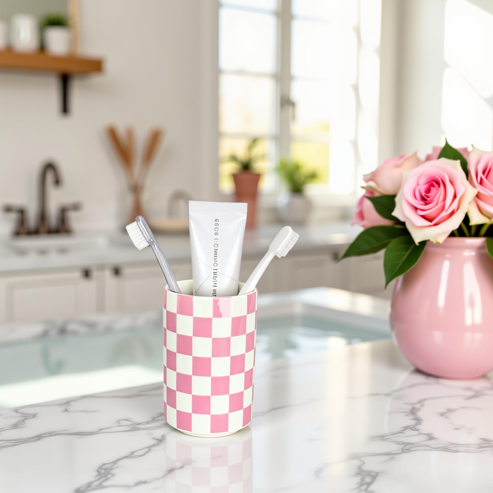 Soporte de cerámica para cepillo de dientes rosa, soporte para cepillo de dientes para baño, moderno y bonito soporte para cepillo de dientes femenino, vaso de pasta de dientes para baño,