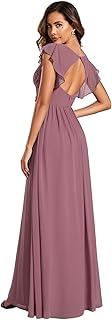 Women's Flowy Chiffon A Line Ruffles Sleeves Back Cutout Bridesmaid Dres...