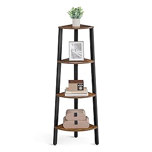 VASAGLE Estantería de Esquina, Estanteria Esquinacon, 4 Estantes, Fácil de Montar, Marco de Acero, Robusto, para Salón, Dormitorio, Balcón, Diseño Industrial, Marrón Rústico y Negro LLS34X The Forest Stewardship Council