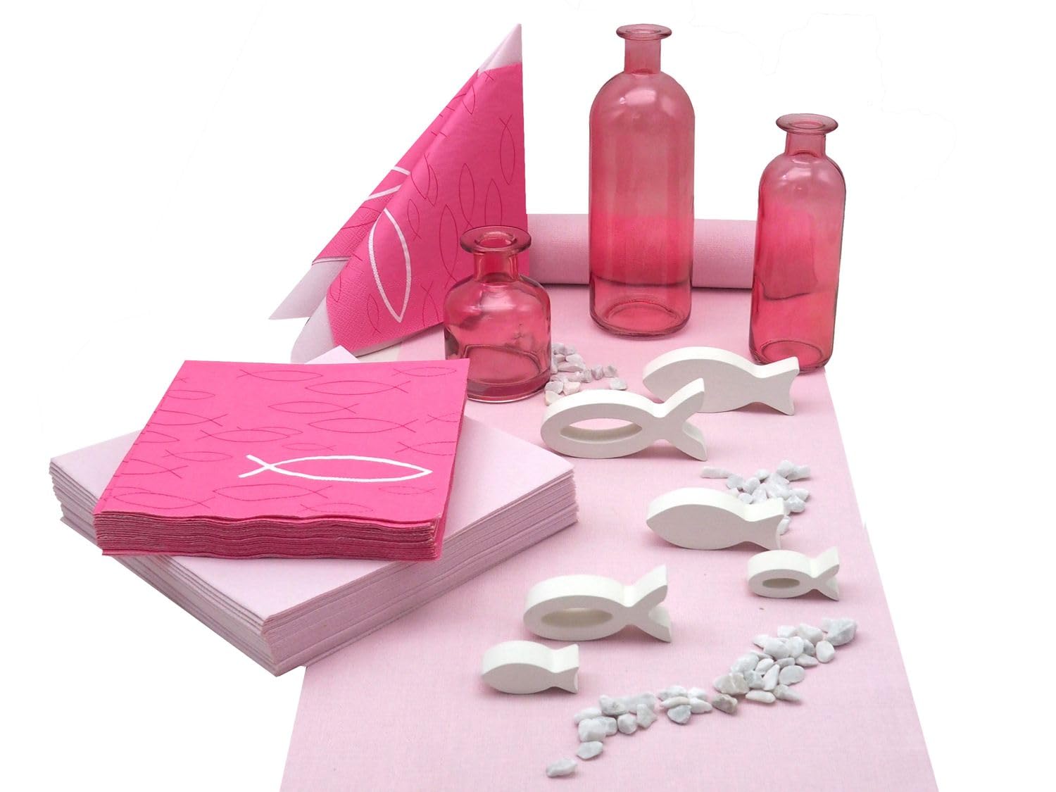 ZauberDeko Tischdeko Kommunion Konfirmation Pink Rosa Weiß Fisch Deko Set 20 Personen