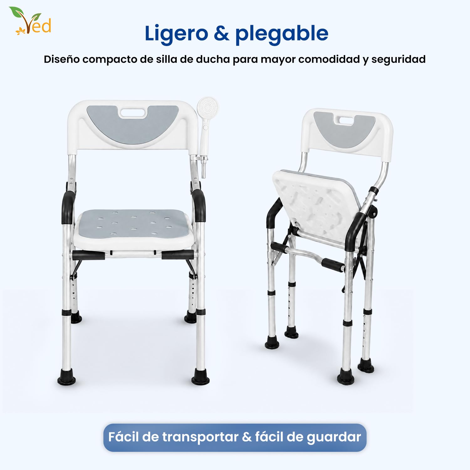 Silla de Ducha con Taburete VED, Asiento de bañera, Silla de Ducha Plegable, Asiento de baño portátil con Patas de Aluminio duraderas, Ajustable con Respaldo para baño.