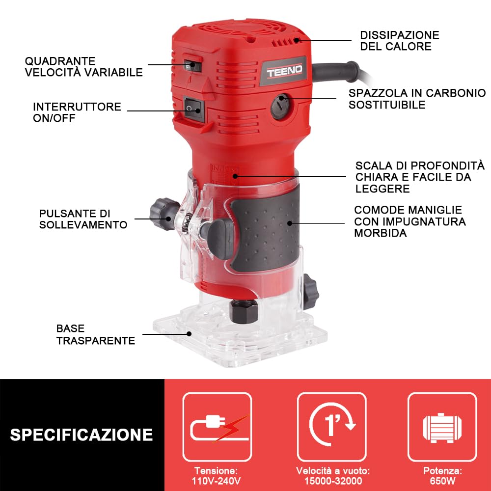 TEENO Rifilatore Fresatrice Verticale 650W 15000-32000 RPM con SCATOLA DI PLASTICA, 6 Velocità Variabili, Legno Rifilatrice Elettrica Con 12 pezzi 1/4 Fresatura Cuter e Mandrino 6.35mm