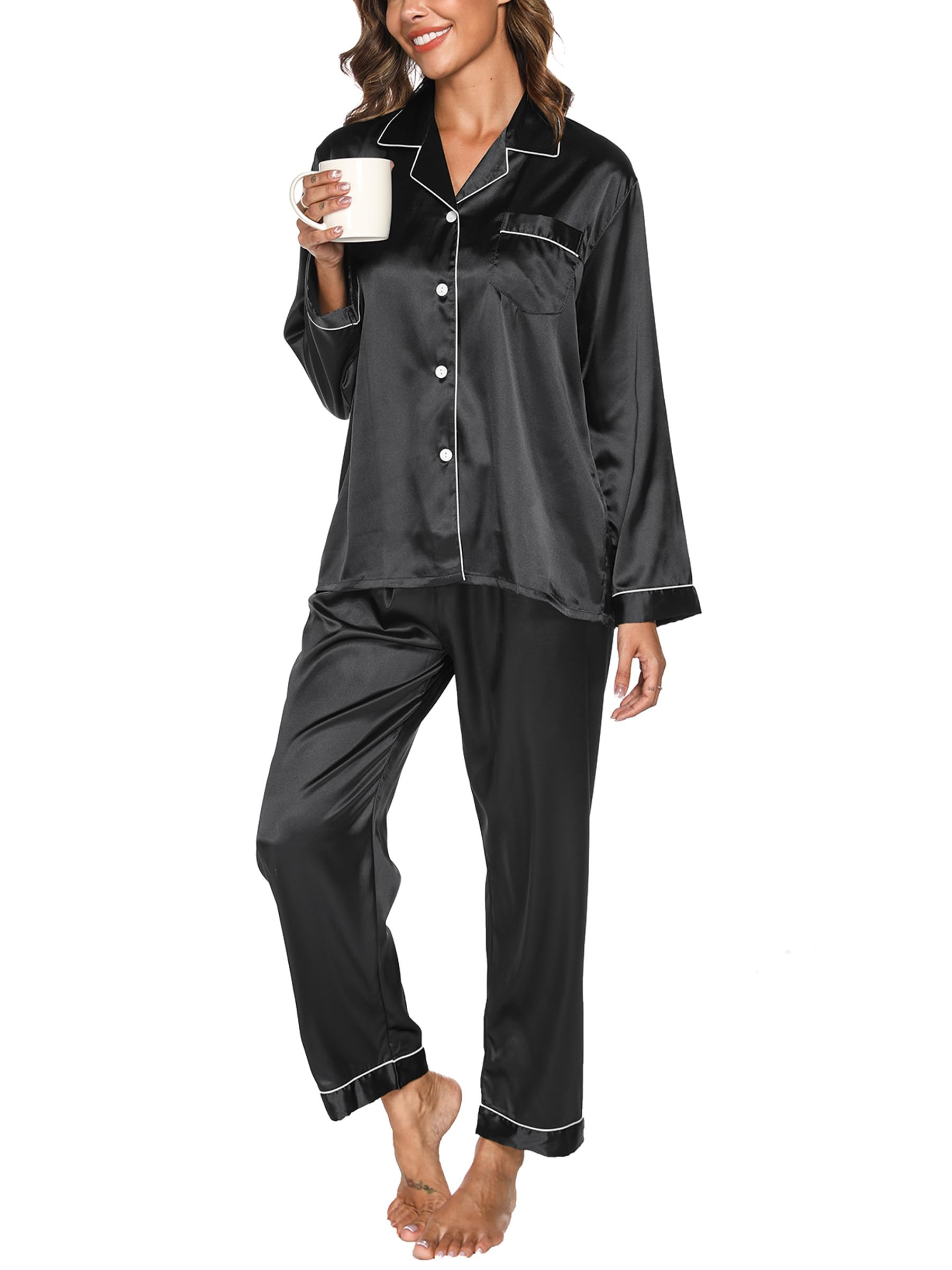 Reliwel Pigiami da Donna in Raso Pigiama Donna Due Pezzi a Maniche Lunghe Set Pigiama con Bottoni Seta Morbido Scollo V Aperto Davanti e Pantaloni Borse Laterali