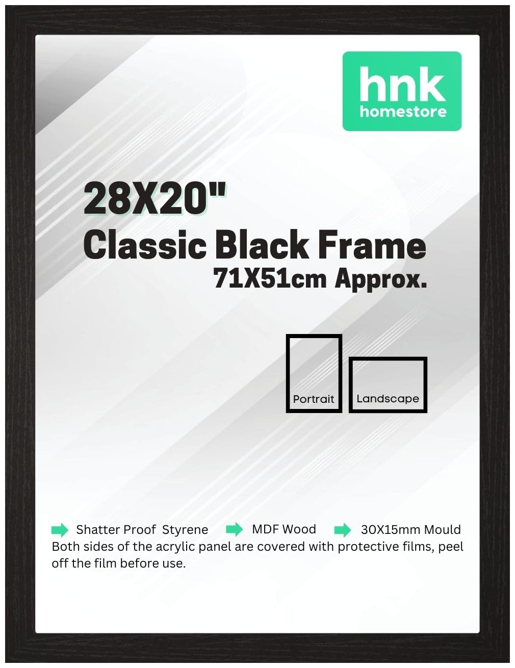 HNK Classic Picture Poster Frame, 28x20" Black Wood Finish, Portrait/Landscape Display, 71x51cm