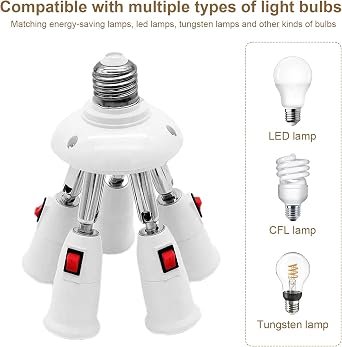 5-in-1 Light Socket Adapter, E26/E27 Multi-Socket with Switch