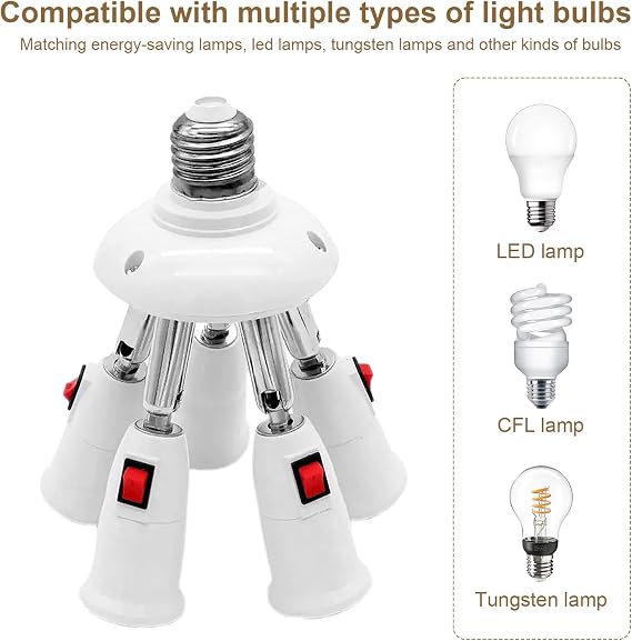 5-in-1 Light Socket Adapter, E26/E27 Multi-Socket with Switch