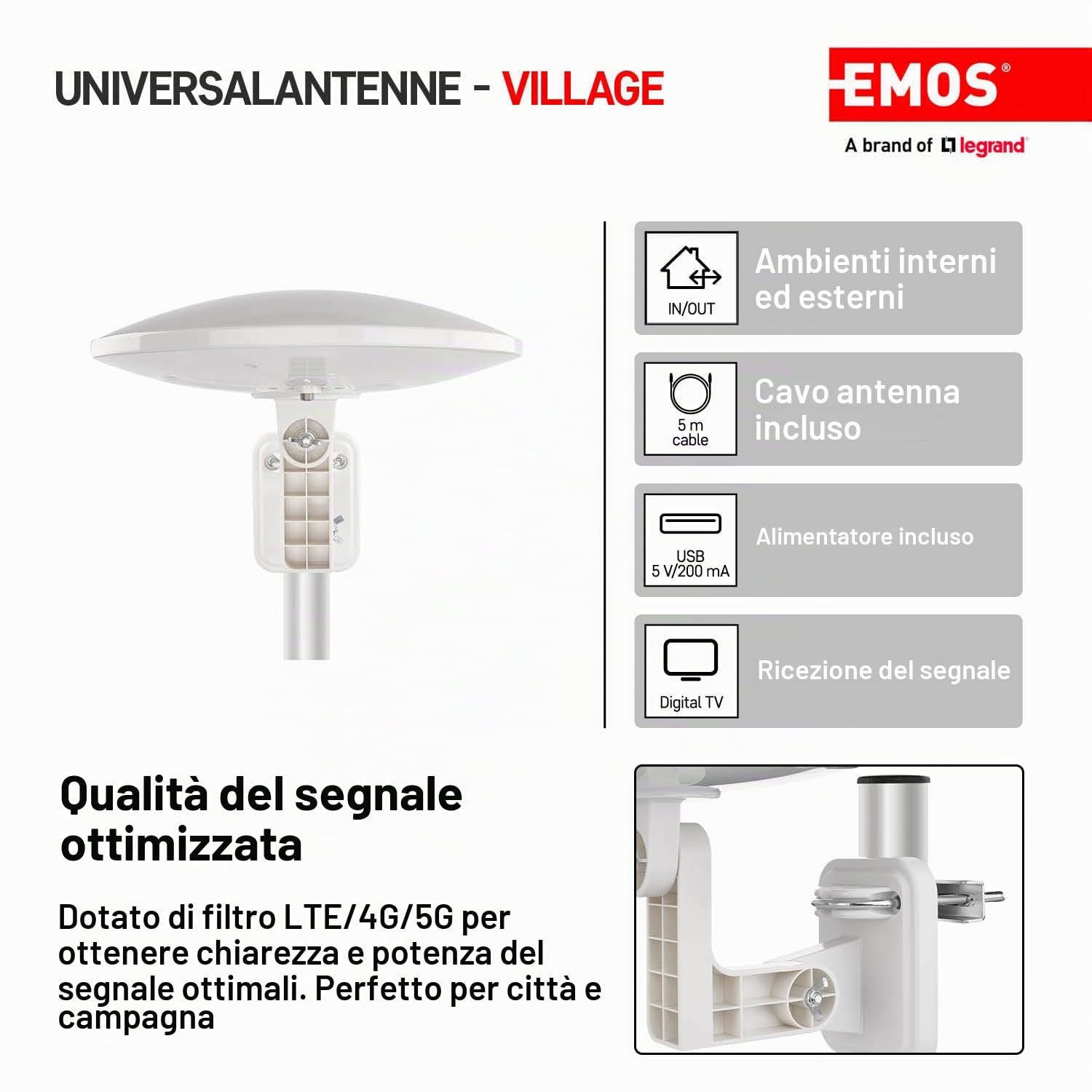 EMOS - Antenna digitale con amplificatore - per esterni - Antenna attiva VILLAGE - Portata 0-80 km - FM/DAB/DVB-T/DVB-T2 - Filtro LTE/4G/5G - Angolo di ricezione 360° - Resistente alle intemperie