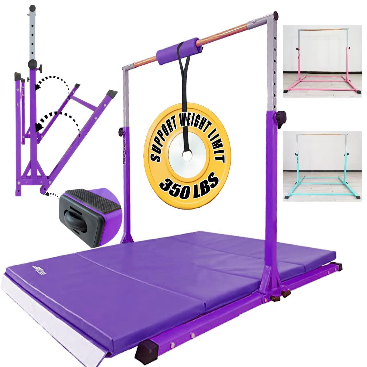 Foldable Gymnastics Bar For Kids Ages 3-18, 5FT/6FT Base Length,Horizontal Bar,Gymnastic Kip bar With Mat For Choice, Height 35.4" to 59",Gymnastics Equipment for Kids Training at Home or Gym Center