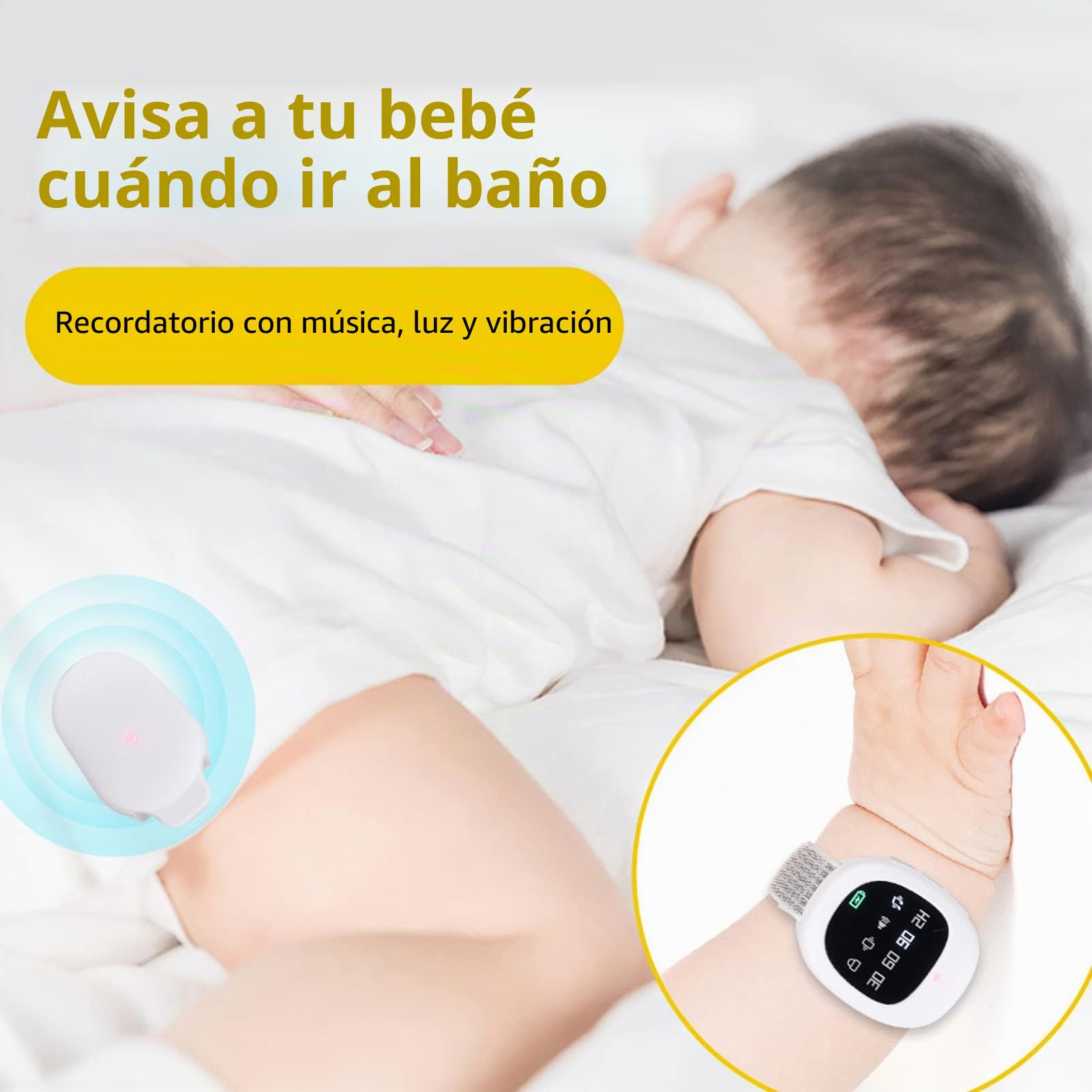 Alarma inalámbrica para la enuresis nocturna: recordatorio con música y vibración con 4 ajustes de tiempo para niños y ancianos. Correa ajustable y tarjeta de registro de motivación.