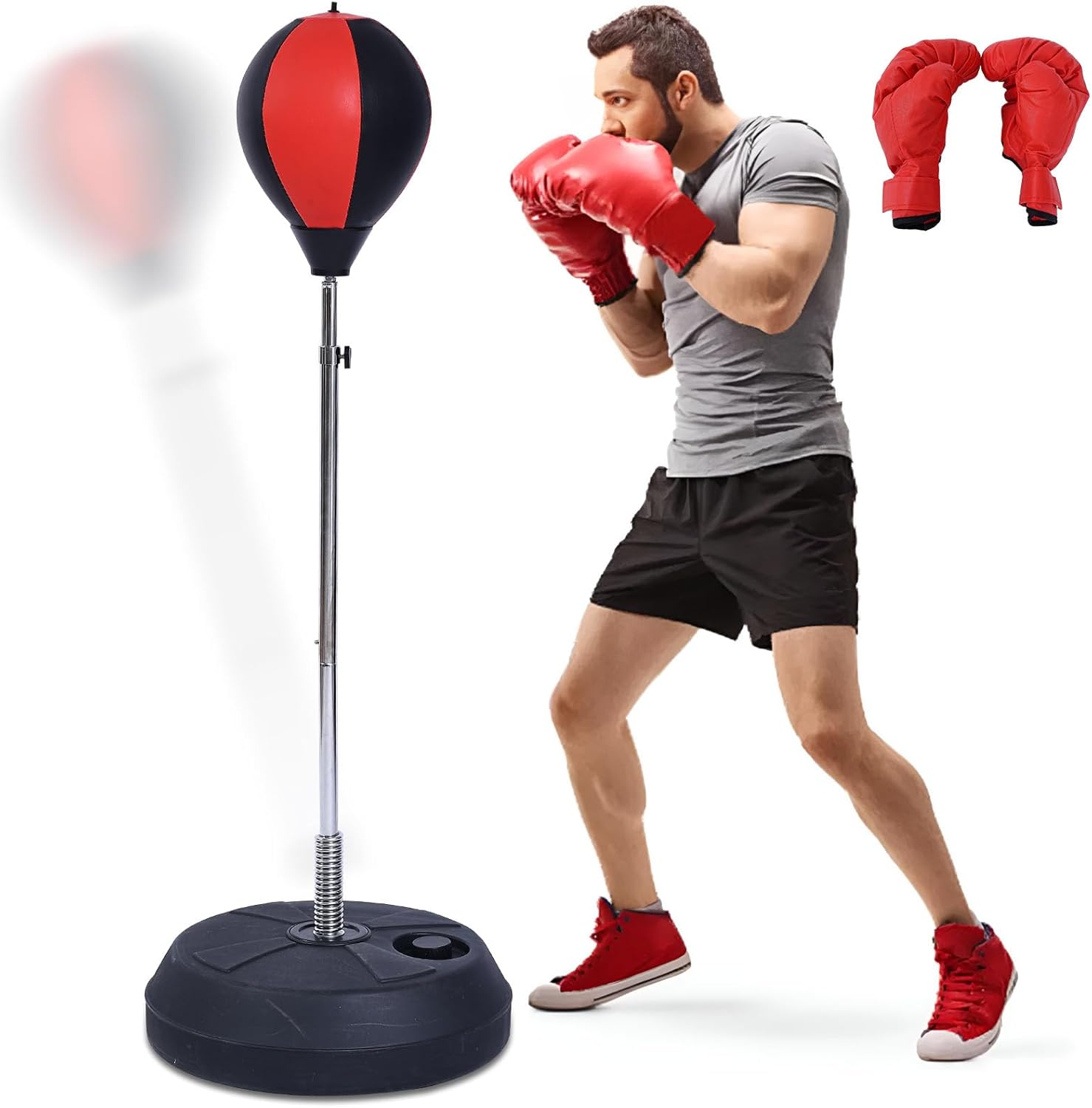 Punching Bag with Stand– Height Adjustable Freestanding Boxing Speed Bag with Reflex Bar, Home Gym Training Equipment for MMA Fitness Stress Relief